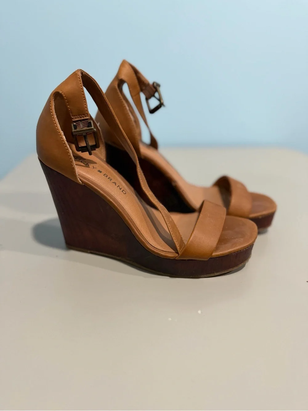 SOLD Lucky Brand Tan Leather Wedge Sandals - Picture 1 of 6